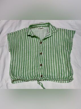 BeachLunchLounge XS Green White Stripe Cotton Tie Hem Button Top